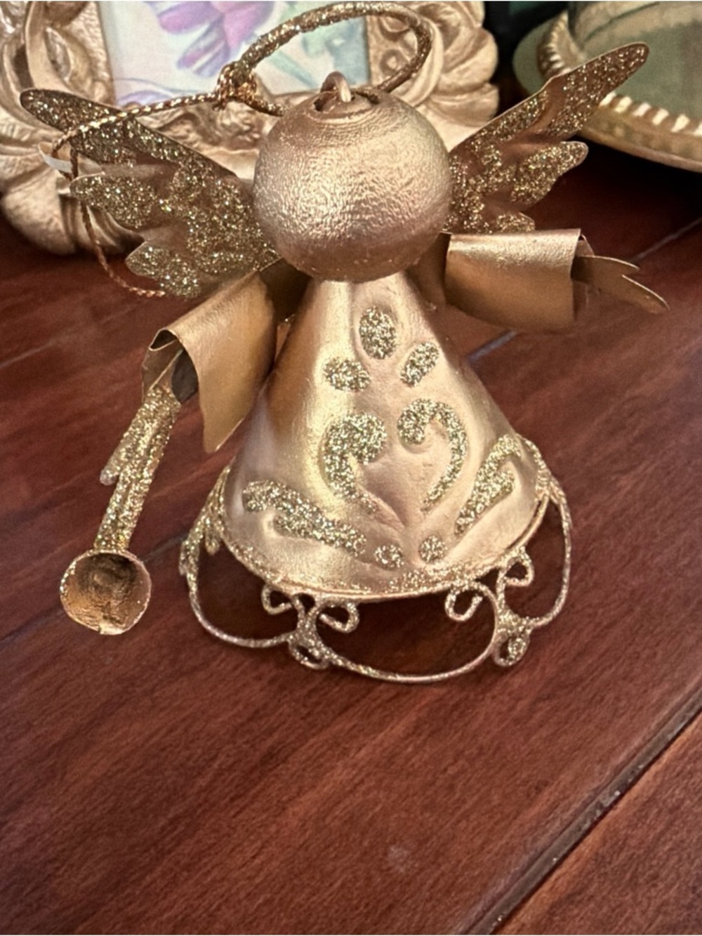 Gold Glitter Angel Holiday Ornament - Decorative Home Holiday Accent 3.5 inches